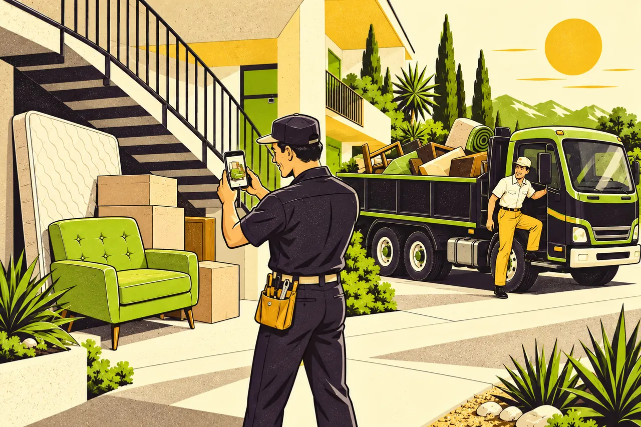 Illustration of an apartment maintenance technician photographing a left-behind armchair, boxes, and a mattress by a stairwell while a Bulk Away worker steps out of the truck to help.