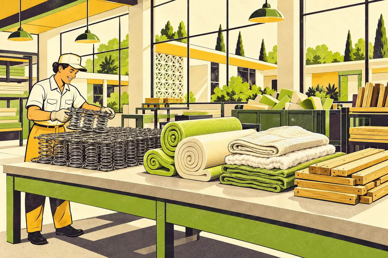 Illustration of a recycling workshop where a mattress has been separated into a bundle of steel springs, rolls of foam, folded fabric and fiber, and a stack of wooden slats.