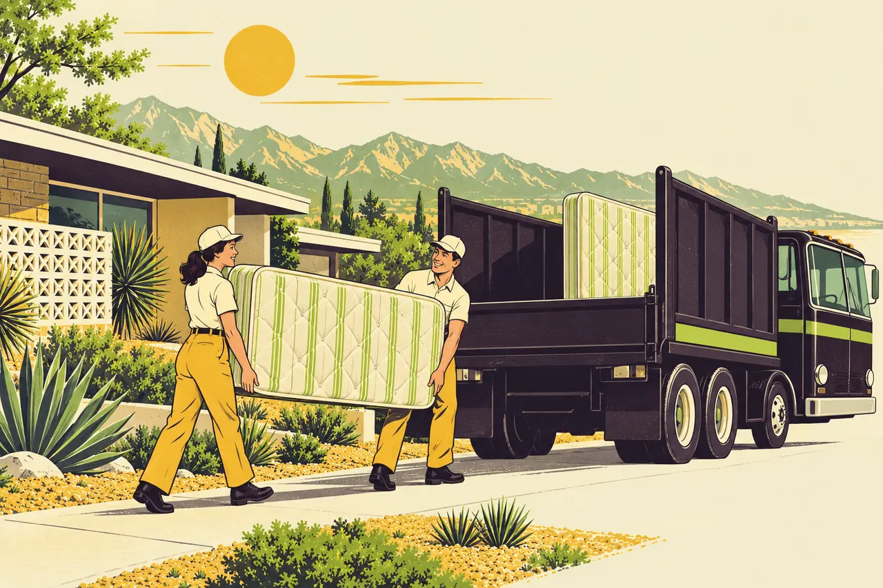 Illustration of two Bulk Away workers carrying an old striped mattress from a midcentury home to the Bulk Away truck, where a box spring already stands in the haul bed.