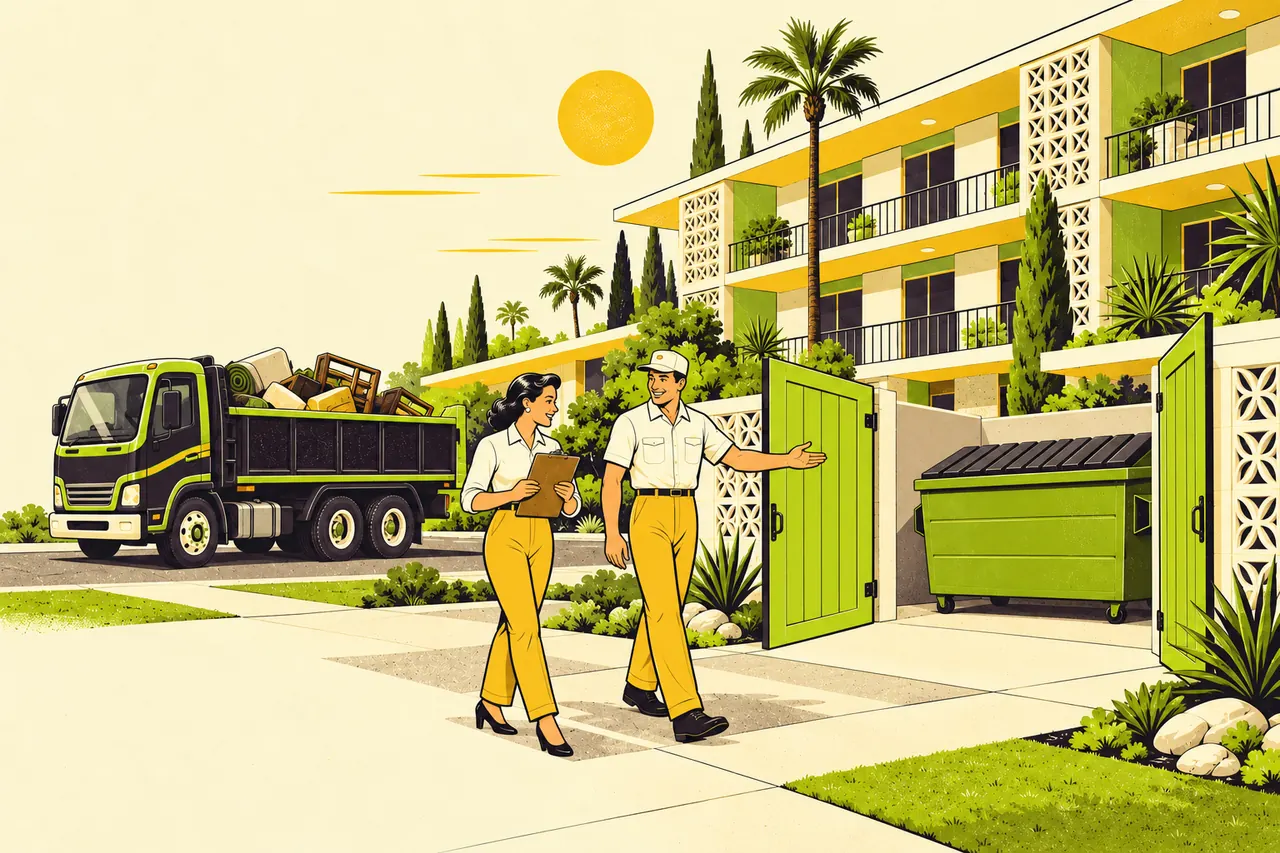 Illustration of a property manager with a clipboard walking an apartment community with a Bulk Away crew lead, who points to an open dumpster enclosure. The Bulk Away truck waits at the curb.
