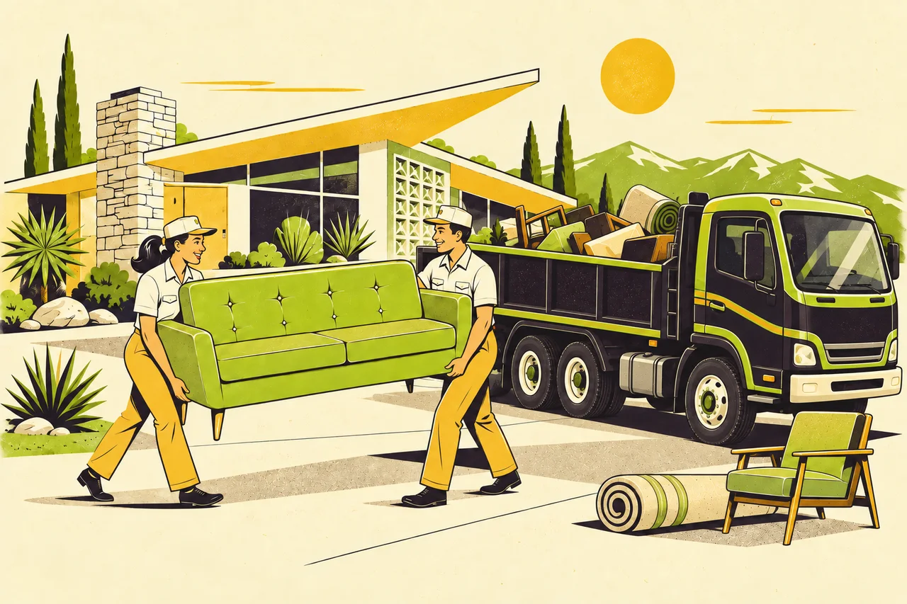 After illustration: Retro illustration of two Bulk Away workers carrying a sofa toward a hauling truck.