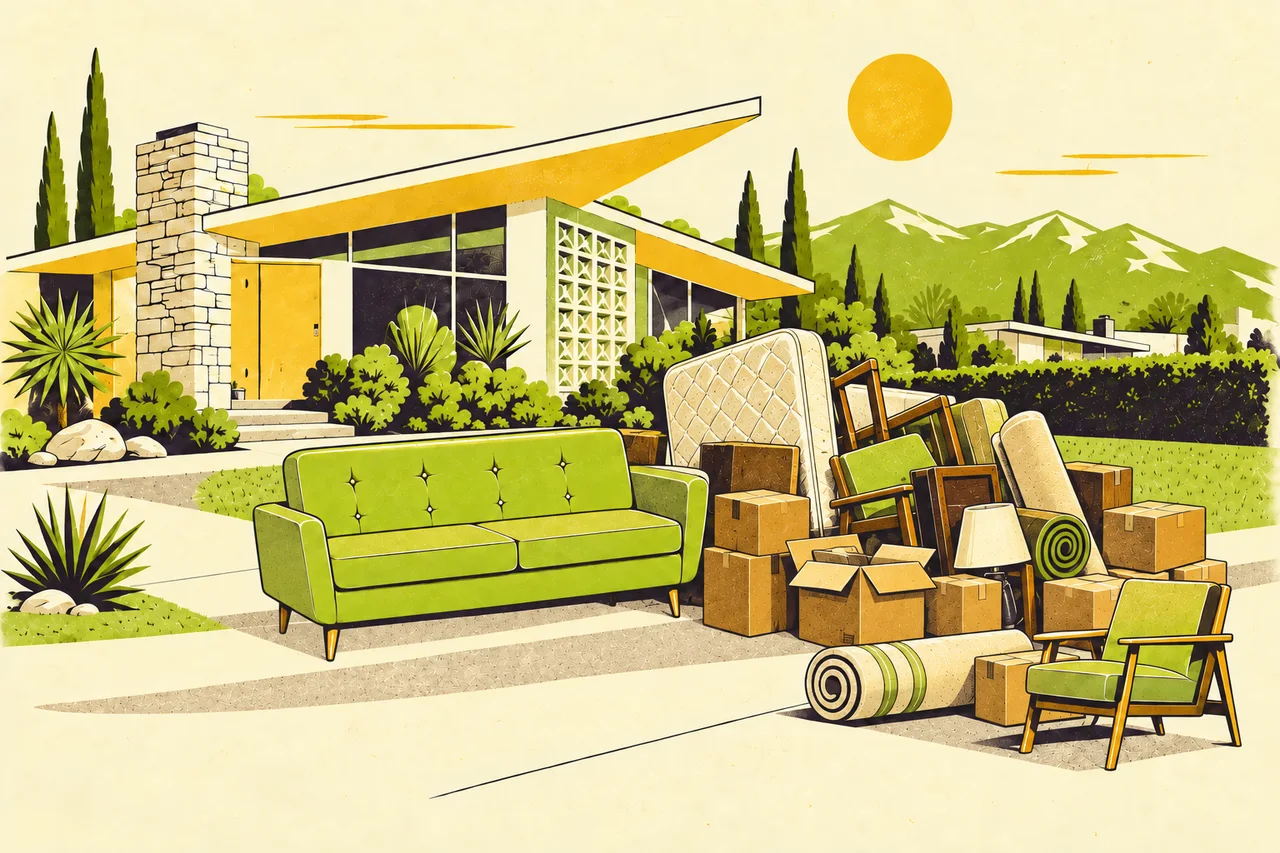 Before illustration: A house entrance crowded with bulky furniture, a mattress, rugs, and boxes.