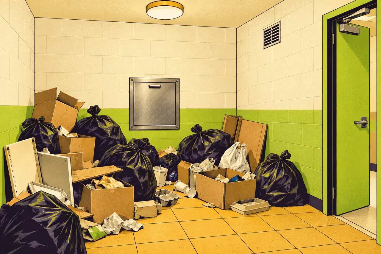 Before illustration: An enclosed upper-floor chute room crowded with bags, cardboard, and loose packaging beneath a small wall intake hatch.