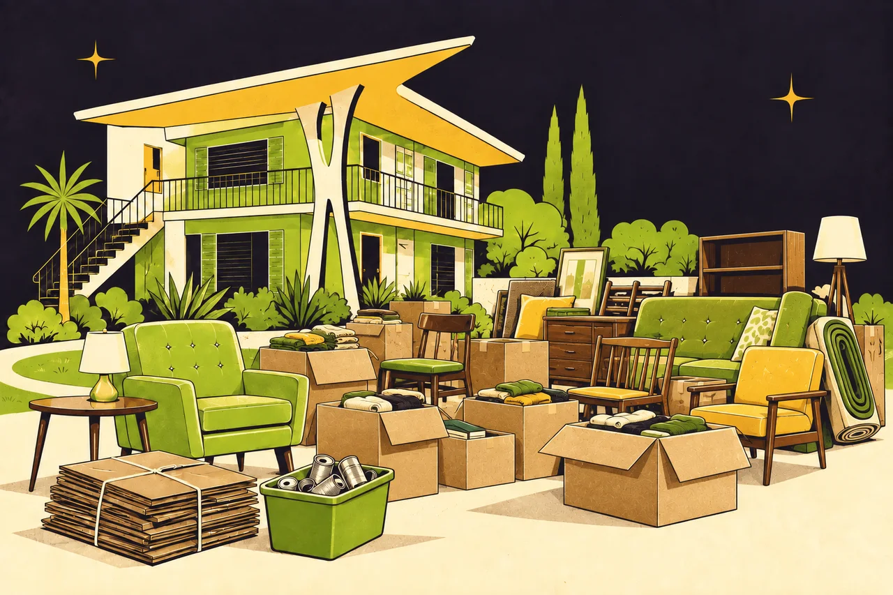 Before illustration: A crowded collection of usable furniture, clothing, boxes, and recyclable materials awaiting pickup.