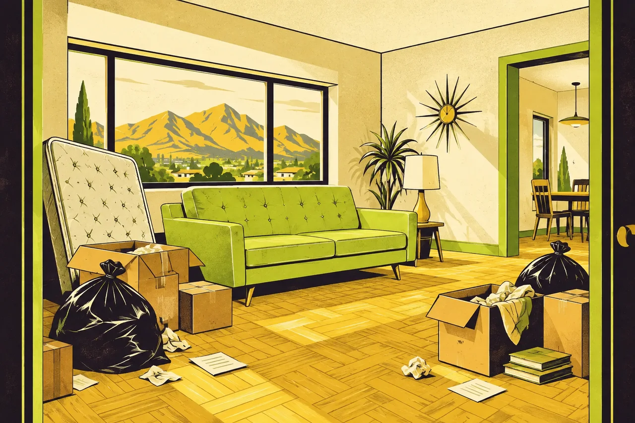 Before illustration: An apartment with furniture, a mattress, boxes, and rubbish left behind.