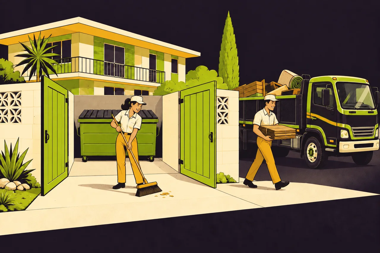 After illustration: Bulk Away workers sweep a dumpster enclosure and collect stacked cardboard beside a retro truck.