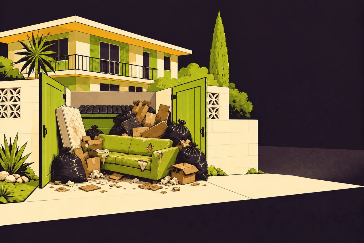 Before illustration: A dumpster enclosure overwhelmed by piled furniture, cardboard, and bagged rubbish.